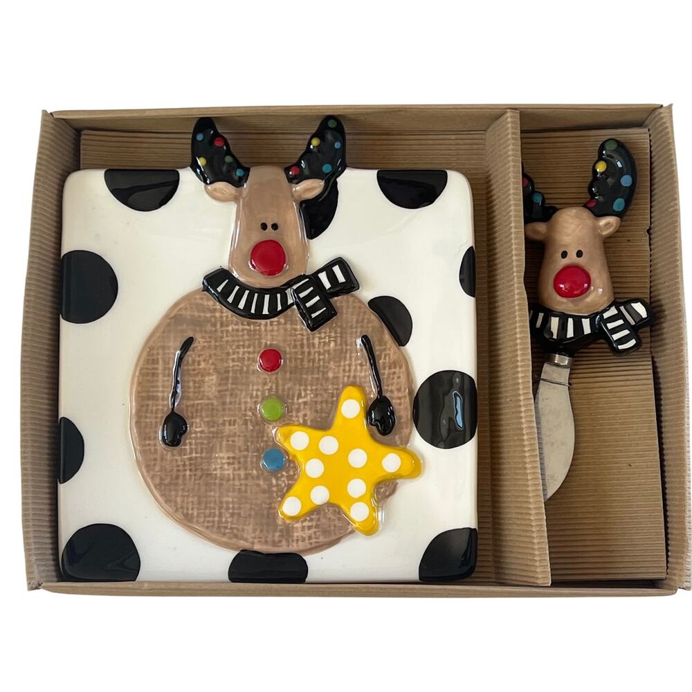 Mud Pie Christmas Reindeer Plate and Spreader Set Polka Dot Holiday Serving NIB
